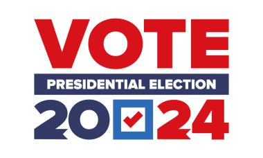 Oylar 2024 'e. Birleşik Devletler 'de 2024 Başkanlık Seçimi. Oylama günü, 5 Kasım. Amerikan Seçimleri. Vatansever Amerikan unsuru. Poster, kart, afiş ve geçmiş. Vektör illüstrasyonu