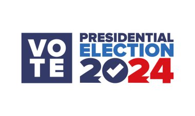 Oylar 2024 'e. Birleşik Devletler 'de 2024 Başkanlık Seçimi. Oylama günü, 5 Kasım. Amerikan Seçimleri. Vatansever Amerikan unsuru. Poster, kart, afiş ve geçmiş. Vektör illüstrasyonu