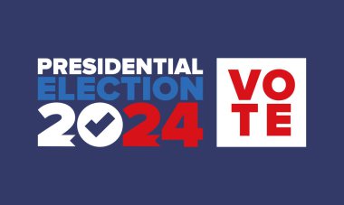 Oylar 2024 'e. Birleşik Devletler 'de 2024 Başkanlık Seçimi. Oylama günü, 5 Kasım. Amerikan Seçimleri. Vatansever Amerikan unsuru. Poster, kart, afiş ve geçmiş. Vektör illüstrasyonu