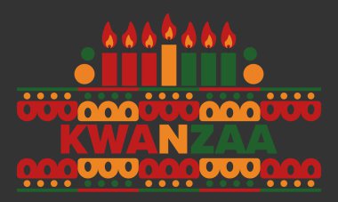 Kwanzaa Mutlu Kutlamalar. Afro-Amerikan kültür bayramı. Yedi gün festival, 26 Aralık 'tan 1 Ocak' a kadar yıllık kutlama. Siyah tarih. Poster, kart, afiş ve geçmiş. Vektör