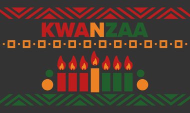 Kwanzaa Mutlu Kutlamalar. Afro-Amerikan kültür bayramı. Yedi gün festival, 26 Aralık 'tan 1 Ocak' a kadar yıllık kutlama. Siyah tarih. Poster, kart, afiş ve geçmiş. Vektör