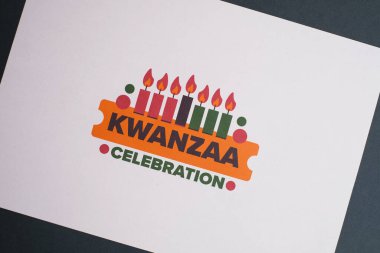 Kwanzaa Mutlu Kutlamalar. Afro-Amerikan kültür bayramı. Yedi gün festival, 26 Aralık 'tan 1 Ocak' a kadar yıllık kutlama. Siyah tarih. Poster