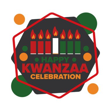 Kwanzaa Mutlu Kutlamalar. Afro-Amerikan kültür bayramı. Yedi gün festival, 26 Aralık 'tan 1 Ocak' a kadar yıllık kutlama. Siyah tarih. Poster, kart, afiş ve geçmiş. Vektör
