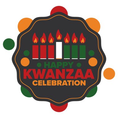 Kwanzaa Mutlu Kutlamalar. Afro-Amerikan kültür bayramı. Yedi gün festival, 26 Aralık 'tan 1 Ocak' a kadar yıllık kutlama. Siyah tarih. Poster, kart, afiş ve geçmiş. Vektör