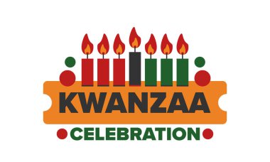 Kwanzaa Mutlu Kutlamalar. Afro-Amerikan kültür bayramı. Yedi gün festival, 26 Aralık 'tan 1 Ocak' a kadar yıllık kutlama. Siyah tarih. Poster, kart, afiş ve geçmiş. Vektör