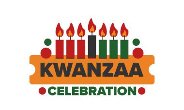 Kwanzaa Happy Celebration. African and African-American culture holiday. Seven days festival, celebrate annual from December 26 to January 1. Black history. Poster, card, banner and background. Vector clipart