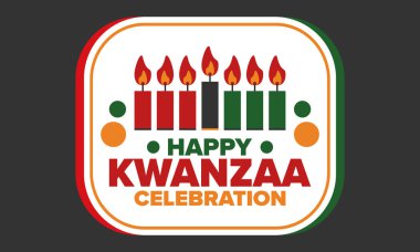Kwanzaa Mutlu Kutlamalar. Afro-Amerikan kültür bayramı. Yedi gün festival, 26 Aralık 'tan 1 Ocak' a kadar yıllık kutlama. Siyah tarih. Poster, kart, afiş ve geçmiş. Vektör