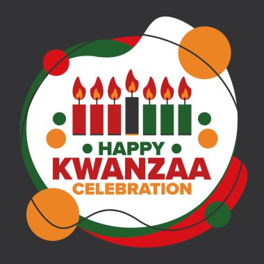 Kwanzaa Mutlu Kutlamalar. Afro-Amerikan kültür bayramı. Yedi gün festival, 26 Aralık 'tan 1 Ocak' a kadar yıllık kutlama. Siyah tarih. Poster, kart, afiş ve geçmiş. Vektör