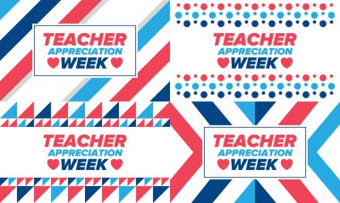 Amerika 'da Öğretmen Takdir Haftası. Mayıs 'ta yıllık kutlama. Çocuklarımızı çalıştıran ve eğiten öğretmenlerin onuruna. Okul ve eğitim. Öğrenci konsepti. Vektör illüstrasyonu