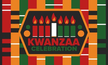 Kwanzaa Happy Celebration. African and African-American culture holiday. Seven days festival, celebrate annual from December 26 to January 1. Black history. Poster, card, banner and background. Vector clipart