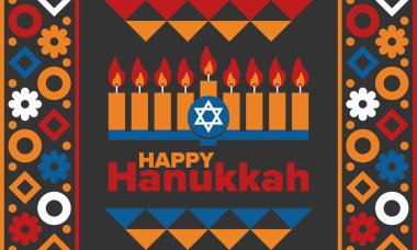 Hanukkah. Jewish festival. Festival of Lights. Traditional menorah. Candles. Star of David. Happy holiday banner. Creative art template. Vector illustration clipart