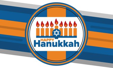 Hanuka. Yahudi festivali. Işıklar Festivali. Geleneksel menorah. Mumlar. Davut Yıldızı. Mutlu bayramlar. Yaratıcı sanat şablonu. Vektör illüstrasyonu