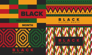 Siyahların Tarihi Ayı. Afrikalı Amerikan Tarihi. Yıllık kutlama. Şubat 'ta Amerika ve Kanada' da. Ekim ayında İngiltere 'de. Poster, kart, afiş, geçmiş. Vektör illüstrasyonu