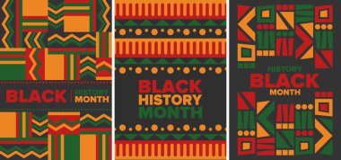 Siyahların Tarihi Ayı. Afrikalı Amerikan Tarihi. Yıllık kutlama. Şubat 'ta Amerika ve Kanada' da. Ekim ayında İngiltere 'de. Poster, kart, afiş, geçmiş. Vektör illüstrasyonu