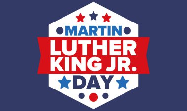 Martin Luther King, Jr. Günü. Ocak ayında Amerika 'da yıllık kutlama, federal bayram. Afrikalı Amerikan Hakları Savaşçısı. Vatansever Amerikan unsurları. Poster, kart, afiş, geçmiş. Vektör