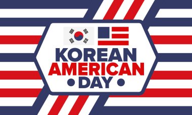 Kore Amerikan Günü. Amerika 'da Kore kültürü tatili. Kore bayrağı. Amerikan bayrağı. Koreli Amerikalılar. Mutlu kutlamalar. Yaratıcı etiket. Poster sanatı. Vektör illüstrasyonu