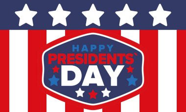 Birleşik Devletler 'de Başkanlık Günün kutlu olsun. Washington 'ın doğum günü. Amerika 'da federal tatil. Şubat 'ta kutlandı. Vatansever Amerikan unsurları. Poster, afiş ve arkaplan. Vektör illüstrasyonu