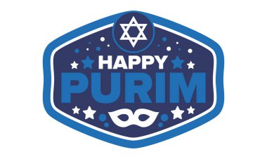 Purim. Purim 'in kutlu olsun. Geleneksel Yahudi dini bayramı. David 'in Yıldızı, Karnaval maskesi. İsrail tarihi. Bir maskeli balo ve festivalle kutlandı. Poster sanatı. Vektör illüstrasyonu