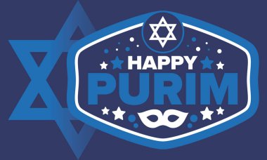 Purim. Purim 'in kutlu olsun. Geleneksel Yahudi dini bayramı. David 'in Yıldızı, Karnaval maskesi. İsrail tarihi. Bir maskeli balo ve festivalle kutlandı. Poster sanatı. Vektör illüstrasyonu