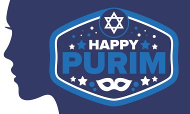 Purim. Purim 'in kutlu olsun. Geleneksel Yahudi dini bayramı. David 'in Yıldızı, Karnaval maskesi. İsrail tarihi. Bir maskeli balo ve festivalle kutlandı. Poster sanatı. Vektör illüstrasyonu