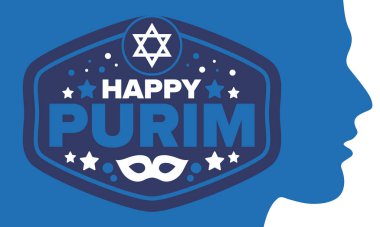 Purim. Purim 'in kutlu olsun. Geleneksel Yahudi dini bayramı. David 'in Yıldızı, Karnaval maskesi. İsrail tarihi. Bir maskeli balo ve festivalle kutlandı. Poster sanatı. Vektör illüstrasyonu