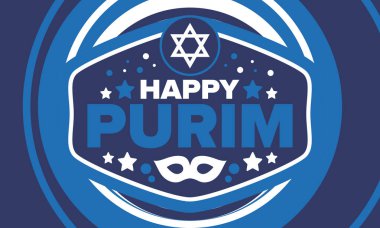Purim. Purim 'in kutlu olsun. Geleneksel Yahudi dini bayramı. David 'in Yıldızı, Karnaval maskesi. İsrail tarihi. Bir maskeli balo ve festivalle kutlandı. Poster sanatı. Vektör illüstrasyonu