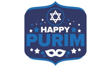 Purim. Purim 'in kutlu olsun. Geleneksel Yahudi dini bayramı. David 'in Yıldızı, Karnaval maskesi. İsrail tarihi. Bir maskeli balo ve festivalle kutlandı. Poster sanatı. Vektör illüstrasyonu