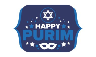 Purim. Purim 'in kutlu olsun. Geleneksel Yahudi dini bayramı. David 'in Yıldızı, Karnaval maskesi. İsrail tarihi. Bir maskeli balo ve festivalle kutlandı. Poster sanatı. Vektör illüstrasyonu