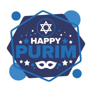 Purim. Purim 'in kutlu olsun. Geleneksel Yahudi dini bayramı. David 'in Yıldızı, Karnaval maskesi. İsrail tarihi. Bir maskeli balo ve festivalle kutlandı. Poster sanatı. Vektör illüstrasyonu