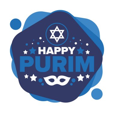 Purim. Purim 'in kutlu olsun. Geleneksel Yahudi dini bayramı. David 'in Yıldızı, Karnaval maskesi. İsrail tarihi. Bir maskeli balo ve festivalle kutlandı. Poster sanatı. Vektör illüstrasyonu