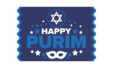 Purim. Purim 'in kutlu olsun. Geleneksel Yahudi dini bayramı. David 'in Yıldızı, Karnaval maskesi. İsrail tarihi. Bir maskeli balo ve festivalle kutlandı. Poster sanatı. Vektör illüstrasyonu