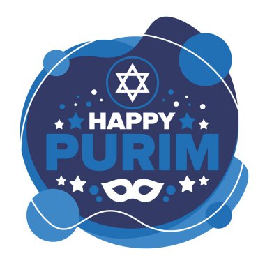Purim. Purim 'in kutlu olsun. Geleneksel Yahudi dini bayramı. David 'in Yıldızı, Karnaval maskesi. İsrail tarihi. Bir maskeli balo ve festivalle kutlandı. Poster sanatı. Vektör illüstrasyonu