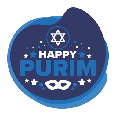 Purim. Purim 'in kutlu olsun. Geleneksel Yahudi dini bayramı. David 'in Yıldızı, Karnaval maskesi. İsrail tarihi. Bir maskeli balo ve festivalle kutlandı. Poster sanatı. Vektör illüstrasyonu