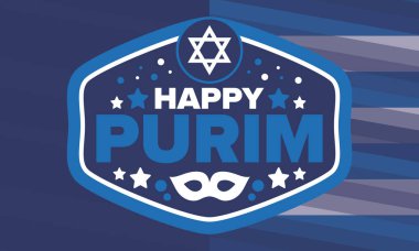 Purim. Purim 'in kutlu olsun. Geleneksel Yahudi dini bayramı. David 'in Yıldızı, Karnaval maskesi. İsrail tarihi. Bir maskeli balo ve festivalle kutlandı. Poster sanatı. Vektör illüstrasyonu