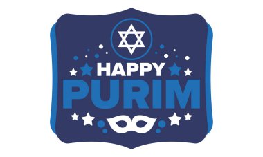 Purim. Purim 'in kutlu olsun. Geleneksel Yahudi dini bayramı. David 'in Yıldızı, Karnaval maskesi. İsrail tarihi. Bir maskeli balo ve festivalle kutlandı. Poster sanatı. Vektör illüstrasyonu