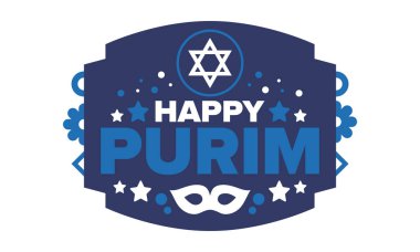 Purim. Purim 'in kutlu olsun. Geleneksel Yahudi dini bayramı. David 'in Yıldızı, Karnaval maskesi. İsrail tarihi. Bir maskeli balo ve festivalle kutlandı. Poster sanatı. Vektör illüstrasyonu