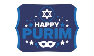 Purim. Purim 'in kutlu olsun. Geleneksel Yahudi dini bayramı. David 'in Yıldızı, Karnaval maskesi. İsrail tarihi. Bir maskeli balo ve festivalle kutlandı. Poster sanatı. Vektör illüstrasyonu