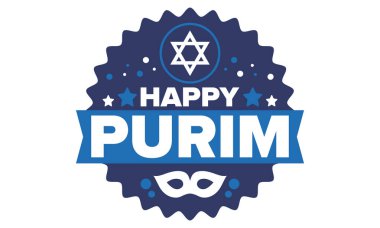 Purim. Purim 'in kutlu olsun. Geleneksel Yahudi dini bayramı. David 'in Yıldızı, Karnaval maskesi. İsrail tarihi. Bir maskeli balo ve festivalle kutlandı. Poster sanatı. Vektör illüstrasyonu