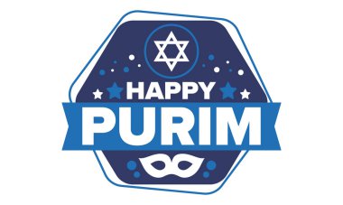 Purim. Purim 'in kutlu olsun. Geleneksel Yahudi dini bayramı. David 'in Yıldızı, Karnaval maskesi. İsrail tarihi. Bir maskeli balo ve festivalle kutlandı. Poster sanatı. Vektör illüstrasyonu