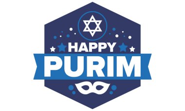 Purim. Purim 'in kutlu olsun. Geleneksel Yahudi dini bayramı. David 'in Yıldızı, Karnaval maskesi. İsrail tarihi. Bir maskeli balo ve festivalle kutlandı. Poster sanatı. Vektör illüstrasyonu