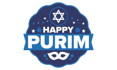 Purim. Purim 'in kutlu olsun. Geleneksel Yahudi dini bayramı. David 'in Yıldızı, Karnaval maskesi. İsrail tarihi. Bir maskeli balo ve festivalle kutlandı. Poster sanatı. Vektör illüstrasyonu