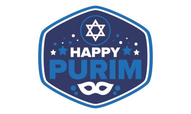 Purim. Purim 'in kutlu olsun. Geleneksel Yahudi dini bayramı. David 'in Yıldızı, Karnaval maskesi. İsrail tarihi. Bir maskeli balo ve festivalle kutlandı. Poster sanatı. Vektör illüstrasyonu