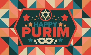 Purim. Purim 'in kutlu olsun. Geleneksel Yahudi dini bayramı. David 'in Yıldızı, Karnaval maskesi. İsrail tarihi. Bir maskeli balo ve festivalle kutlandı. Poster sanatı. Vektör illüstrasyonu
