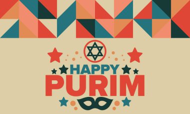 Purim. Purim 'in kutlu olsun. Geleneksel Yahudi dini bayramı. David 'in Yıldızı, Karnaval maskesi. İsrail tarihi. Bir maskeli balo ve festivalle kutlandı. Poster sanatı. Vektör illüstrasyonu