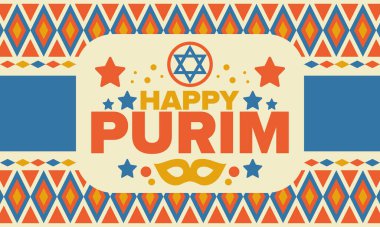 Purim. Purim 'in kutlu olsun. Geleneksel Yahudi dini bayramı. David 'in Yıldızı, Karnaval maskesi. İsrail tarihi. Bir maskeli balo ve festivalle kutlandı. Poster sanatı. Vektör illüstrasyonu