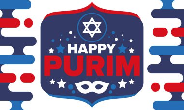Purim. Purim 'in kutlu olsun. Geleneksel Yahudi dini bayramı. David 'in Yıldızı, Karnaval maskesi. İsrail tarihi. Bir maskeli balo ve festivalle kutlandı. Poster sanatı. Vektör illüstrasyonu