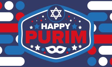 Purim. Purim 'in kutlu olsun. Geleneksel Yahudi dini bayramı. David 'in Yıldızı, Karnaval maskesi. İsrail tarihi. Bir maskeli balo ve festivalle kutlandı. Poster sanatı. Vektör illüstrasyonu
