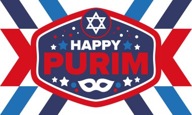 Purim. Purim 'in kutlu olsun. Geleneksel Yahudi dini bayramı. David 'in Yıldızı, Karnaval maskesi. İsrail tarihi. Bir maskeli balo ve festivalle kutlandı. Poster sanatı. Vektör illüstrasyonu