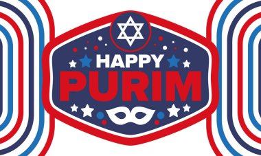 Purim. Purim 'in kutlu olsun. Geleneksel Yahudi dini bayramı. David 'in Yıldızı, Karnaval maskesi. İsrail tarihi. Bir maskeli balo ve festivalle kutlandı. Poster sanatı. Vektör illüstrasyonu