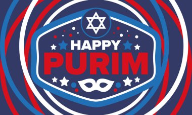 Purim. Purim 'in kutlu olsun. Geleneksel Yahudi dini bayramı. David 'in Yıldızı, Karnaval maskesi. İsrail tarihi. Bir maskeli balo ve festivalle kutlandı. Poster sanatı. Vektör illüstrasyonu